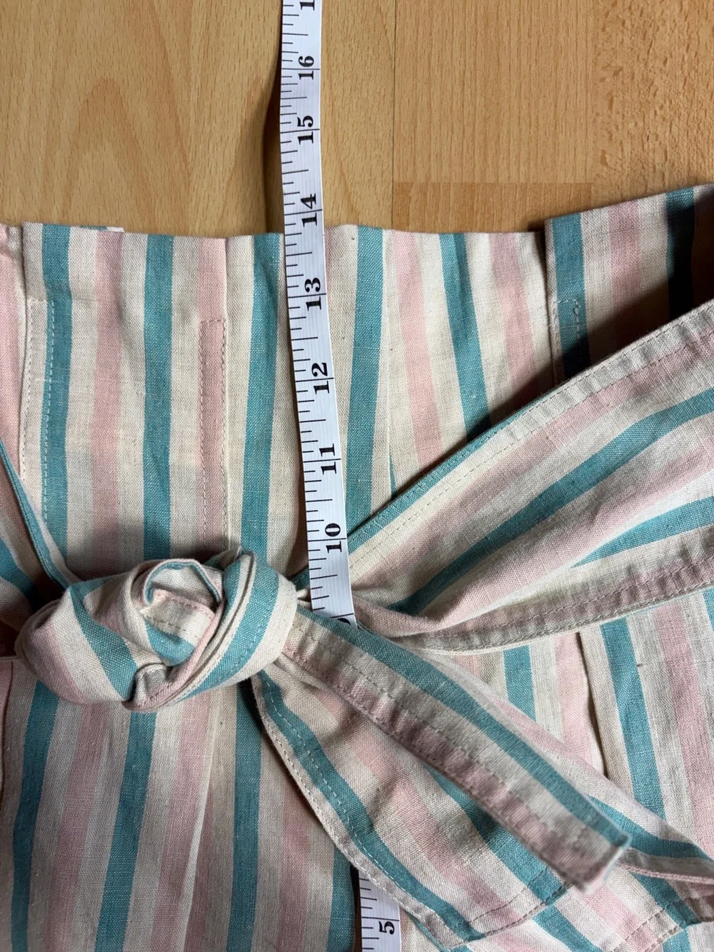 Sezane Tyson Cream & Aqua Striped Linen Cotton High Waist Belted Short Small